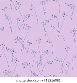 Seamless floral pattern with delicate silhouettes of wild grasses. Indigo blue wildlife motifs on muted mauve pink background.