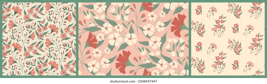 Seamless floral pattern, delicate vintage ditsy print with wild plants in a set. Romantic botanical design, background: small flowers, leaves, branches in an abstract composition. Vector illustration.