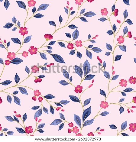 Seamless floral pattern in a delicate vintage style. Elegant botanical design, ditsy print of delicate hand-drawn branches, small flowers,  tiny leaves. Abstract composition of mini twigs. Vector 