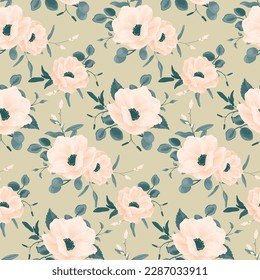 Seamless floral pattern with delicate watercolor botany. Romantic botanical print design with hand drawn plants: large anemone flowers, leaves in bouquets. Vector illustration.