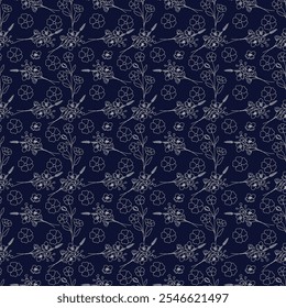 Seamless Floral Pattern With Delicate White Flowers Outline on Navy Blue Background