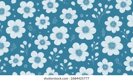 Patrón floral sin fisuras con delicadas flores blancas y ramas sobre fondo azul. Diseño botánico elegante perfecto para la tela, el Fondo de pantalla, la papelería, el papel de embalaje y los proyectos decorativos.