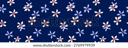 Seamless floral pattern with delicate white and soft lavender flowers on deep navy background. Minimal modern design ideal for textiles, wrapping, wallpapers, and elegant branding
