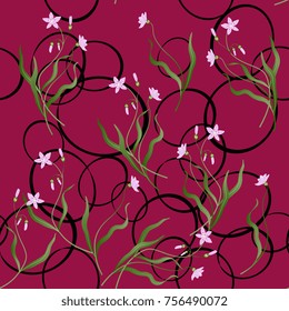 Seamless floral pattern with delicate wild flowers and abstract rings.