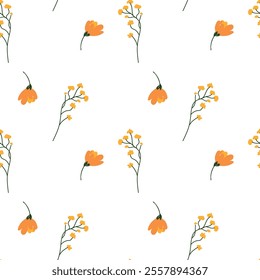 Seamless floral pattern with delicate yellow flowers and green stems on a white background. Perfect for textiles, wallpapers, stationery, and nature-inspired designs