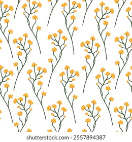 Seamless floral pattern with delicate yellow flowers and green stems on a white background. Perfect for textiles, wallpapers, stationery, and nature-inspired designs