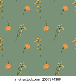 Seamless floral pattern with delicate yellow flowers and green stems on a green background. Perfect for textiles, wallpapers, stationery, and nature-inspired designs