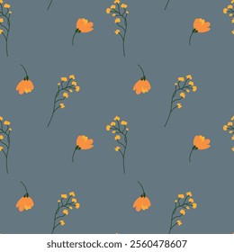 Seamless floral pattern with delicate yellow flowers and green stems on a muted gray-blue background. Perfect for textiles, wallpapers, stationery, and nature-inspired designs