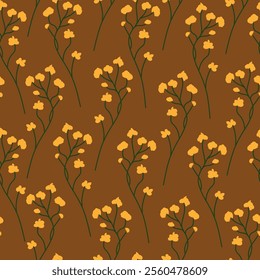 Seamless floral pattern with delicate yellow flowers brown background. Perfect for textiles, wallpapers, stationery, and nature-inspired designs