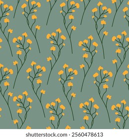 Seamless floral pattern with delicate yellow flowers and green stems on a muted gray-green background. Perfect for textiles, wallpapers, stationery, and nature-inspired designs