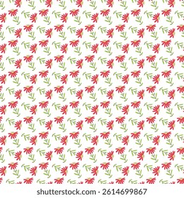 Seamless floral pattern depicting pink daisies with green stems and a white backdrop. Perfect decorative design for textiles, wallpapers, and wrapping paper, bringing a fresh and serene nature,