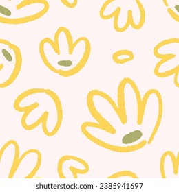 Seamless floral pattern design. Abstract doodle flowers, endless background, repeating print. Endless summer texture for fabric, textile, wallpaper, wrapping. Naive flat graphic vector illustration