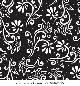 Nahtlose Blumenmuster-Design mit schwarz-weißem Swirl-Elementen.