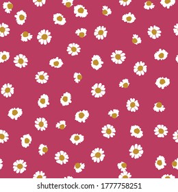 Seamless Floral Pattern Design daisy flowers with dark pink background. Great for Fabric, Textile, backgrounds, wallpaper, surface pattern, scrapbook, bullet journal. 