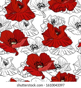Seamless floral pattern. Design for fabric, wallpaper, package, postcard. Wildlife flower. Poppy