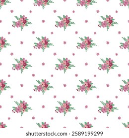 A seamless floral pattern design featuring pink flowers and green leaves against a crisp white background. Perfect for use in textiles, wallpapers, and digital designs creating a spring or romantic .