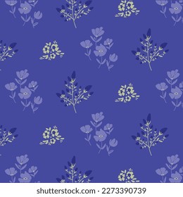 Seamless floral pattern design on purple background with light green daisy and bloom. Floral illustration aop texture. Abstract flower illustration design with hand drawn. Great for wrapping, fabric