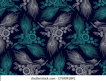 Seamless floral pattern design with peacock feather