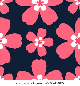 Seamless floral pattern design with pink flowers on dark blue background vector illustration for textile