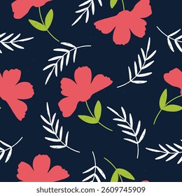 Seamless floral pattern design with pink flowers on dark blue background vector illustration for textile