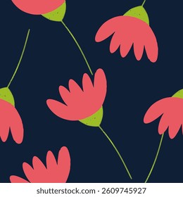 Seamless floral pattern design with pink flowers on dark blue background vector illustration for textile