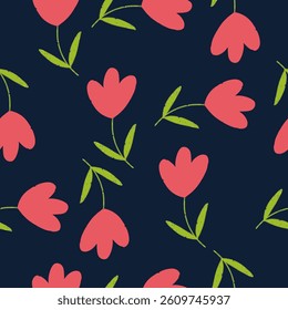 Seamless floral pattern design with pink flowers on dark blue background vector illustration for textile