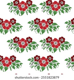 Seamless Floral Pattern Design: Red Flowers and Green Leaves