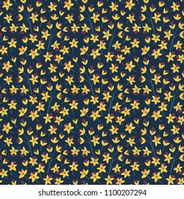 	
Seamless floral pattern for design. Small yellow flowers and leaves. Dark blue background. Modern floral texture.The elegant the template for fashion prints.