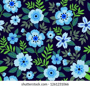 Seamless floral pattern for design. Small light blue flowers and leaves.Dark blue background. Modern floral texture. Floral design in bright colors. The elegant the template for fashion prints.