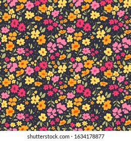 Seamless floral pattern for design. Small pink and yellow flowers. Dark background. Modern floral texture. A allover floral design in bright colors. The elegant the template for fashion prints.