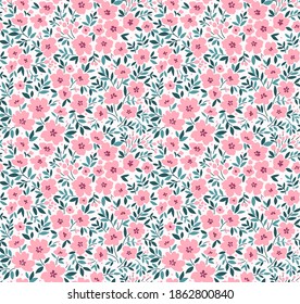 Seamless floral pattern for design. Small pink flowers. White background. Modern floral pattern. Ditsy style. Elegant template for fashion prints. Stock.