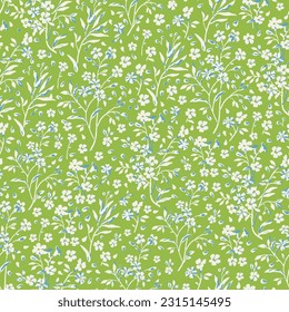 Seamless floral pattern for design. Small white flowers. Green background. Modern floral texture. Floral pattern all over the body. An elegant template for fashionable prints.