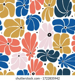 Seamless floral pattern design with stylized large blossoms, retro feeling repeat background perfect for web and print