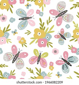 Seamless floral pattern design with sweet vector hand drawn flowers and butterflies for kids and baby products, fabric, wallpaper, stationery. Meadow floral digital paper