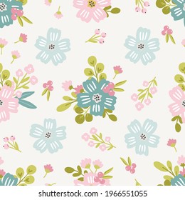 Seamless floral pattern design with sweet vector hand drawn flowers for kids and baby products, fabric, wallpaper, stationery. Meadow floral digital paper
