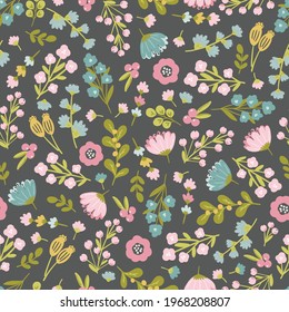 Seamless floral pattern design with sweet vector hand drawn flowers for kids and baby products, fabric, wallpaper, stationery. Meadow floral digital paper
