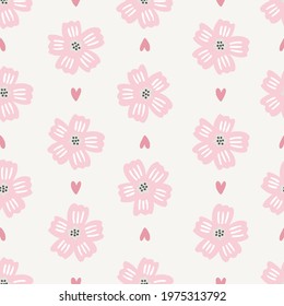 Seamless floral pattern design with sweet vector hand drawn flowers for kids and baby products, fabric, wallpaper, stationery. Meadow floral digital paper