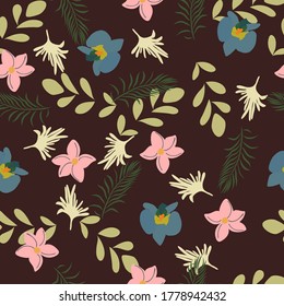 Seamless Floral pattern design vector illustration flower with maroon background for fabrics, textiles, bullet journal, scrapbooking, wallpaper 