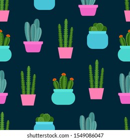 Seamless floral pattern with different cacti in colorful pots. Cute background with cactus. Perfect for  textile, fabric. Vector illustration