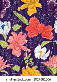Seamless floral PATTERN with different Colored flowers. VIOLET background. Wallpaper template
