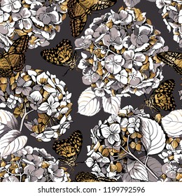 Seamless floral pattern. Different Exotic butterflies and gold Hydrangea flowers on a dark gray background. Textile composition, hand drawn style print. Vector illustration.
