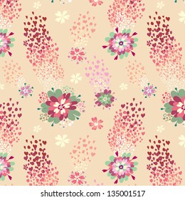 Seamless floral pattern with different flowers and hearts