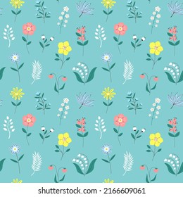 Seamless floral pattern with different flowers, branches, leaves. Vector illustration.