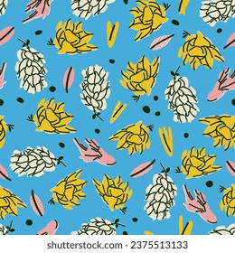 Seamless floral pattern with different flowers and leaves. Vector background, design