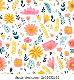 Seamless floral pattern with different flowers, leaves and twigs. Spring and summer set of flowers Suitable for textiles, packaging, cover and children motifs