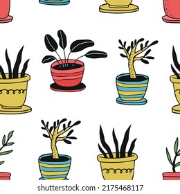 Patrón floral sin foco con diferentes plantas de la casa en ollas coloridas. El fondo es bonito con las plantas. Perfecto para el tejido. Ilustración del vector