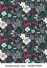 Seamless floral pattern with different kinds of hand drawn fairy flowers, leaves, berries. Botanical fashion print in green and pink. Perfect for Wallpaper, fabrics, interior design, covers. Vector.