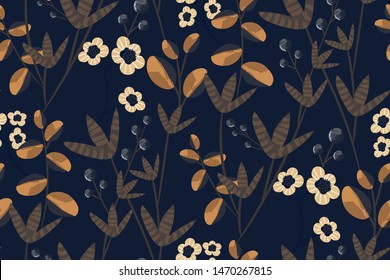 Seamless floral pattern with different kinds of flowers, berries, leaves on dark blue background. Elegant Botanical print. Perfect template for fashion fabrics, Wallpapers, magazine book covers.Vector