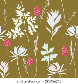 Seamless Floral Pattern With  different silhouettes of Flowers. 