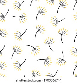 Seamless floral pattern of dill inflorescences on a white background. Vector illustration of plant branches with small yellow flowers. Flat